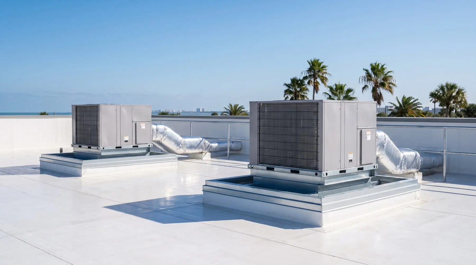 Rooftop packaged HVAC units on a small Florida commercial building