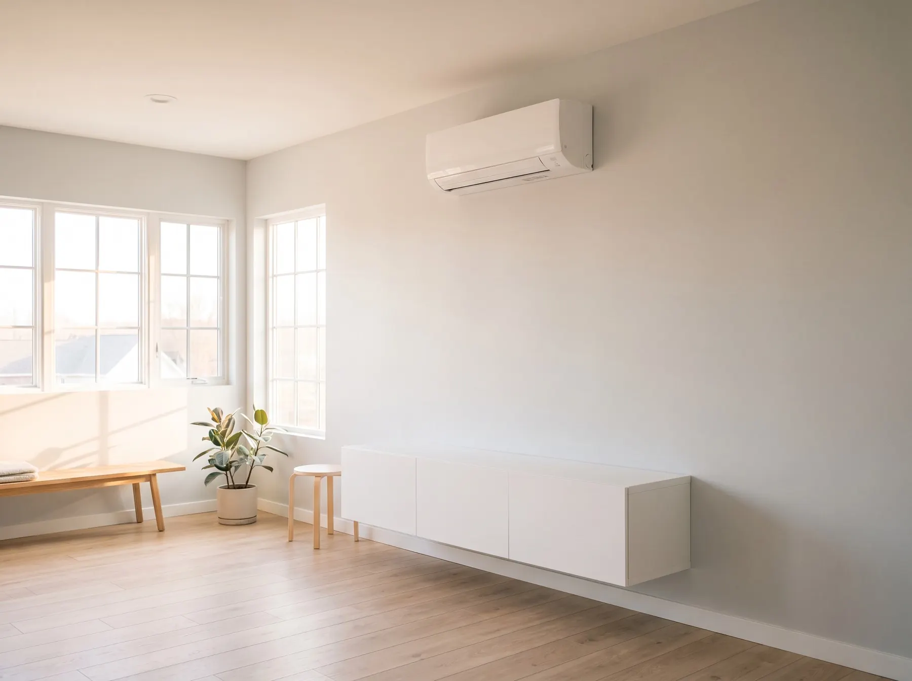 Wall-mounted ductless mini split head installed in a bright converted garage room