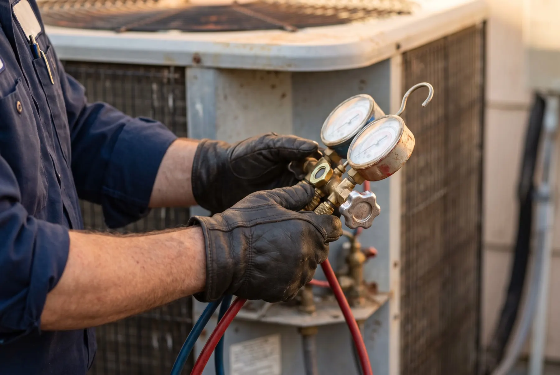 Technician hands connecting refrigerant manifold gauges to an air conditioning service port